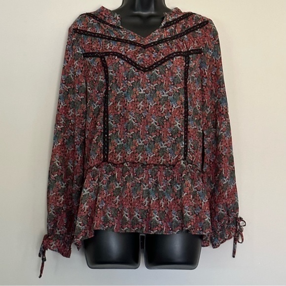 Matilda Jane Women's Small Boho Blouse Peplum Drop Waist Tie Sleeves Multicolor
